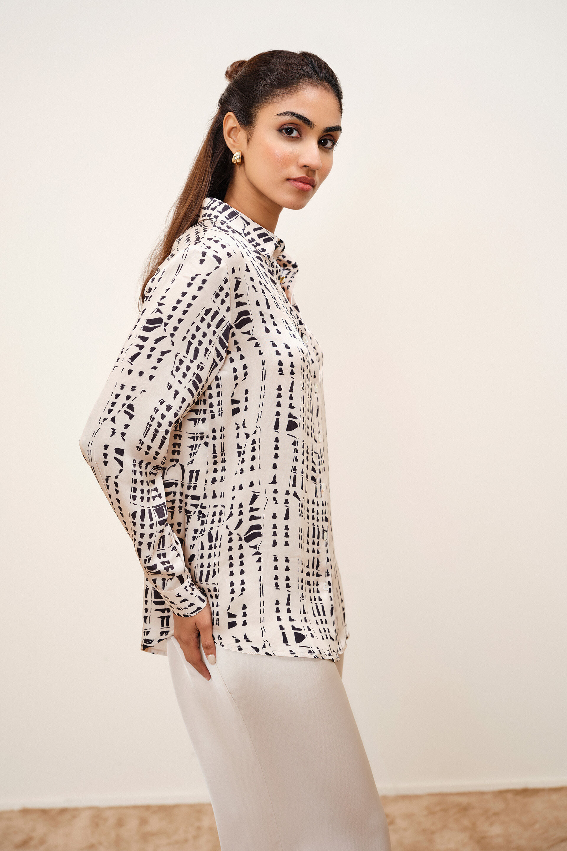 Printed Beige Modal Satin Shirt, Beige, image 4